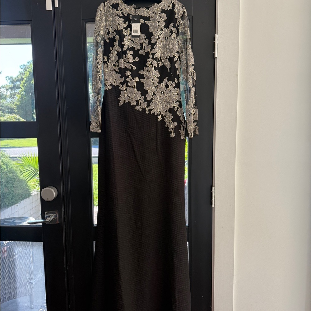 Tadashi Shoji Black Gown with Silver Floral Lace